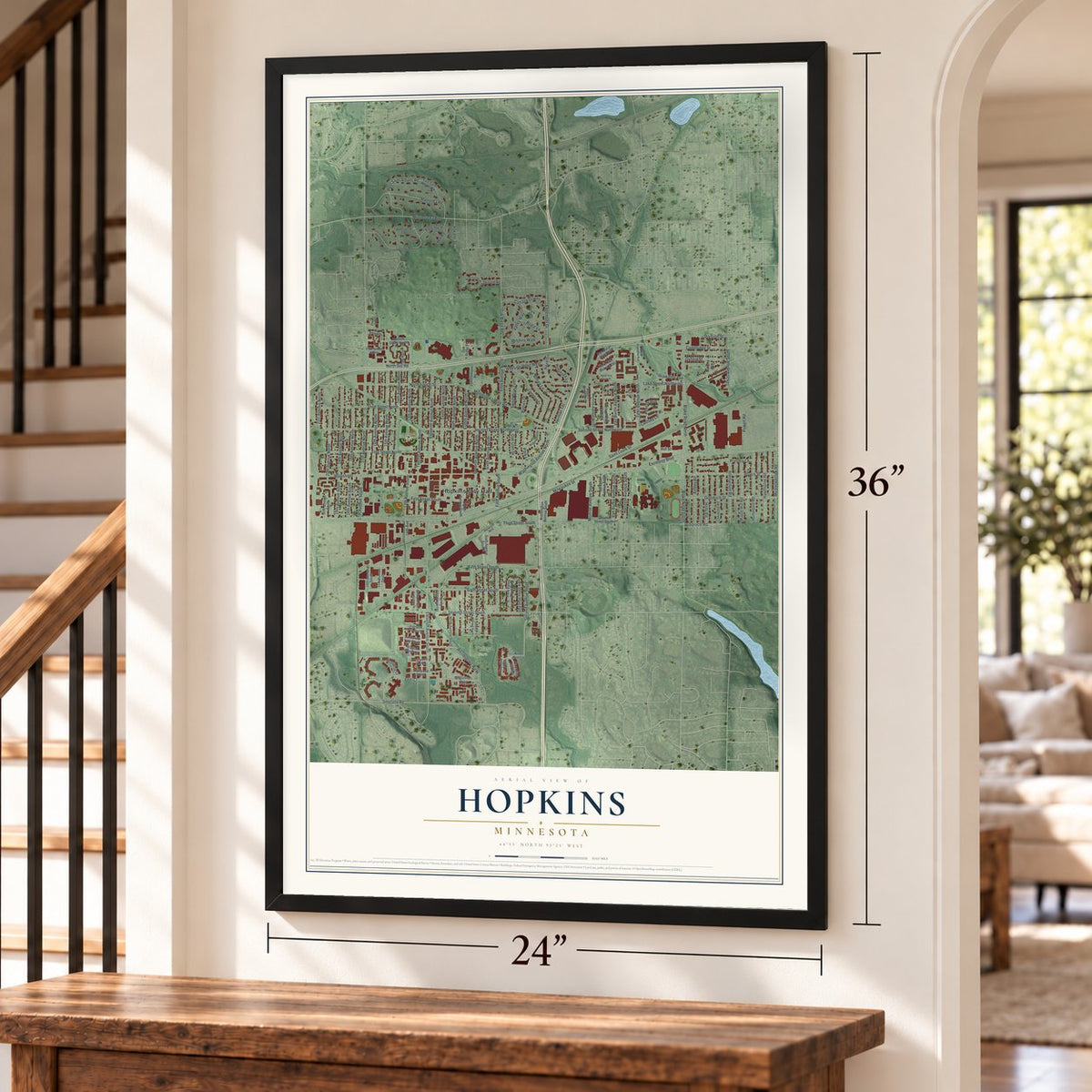 Hopkins, Minnesota map, 24 x 36 inch print in a black frame by a staircase