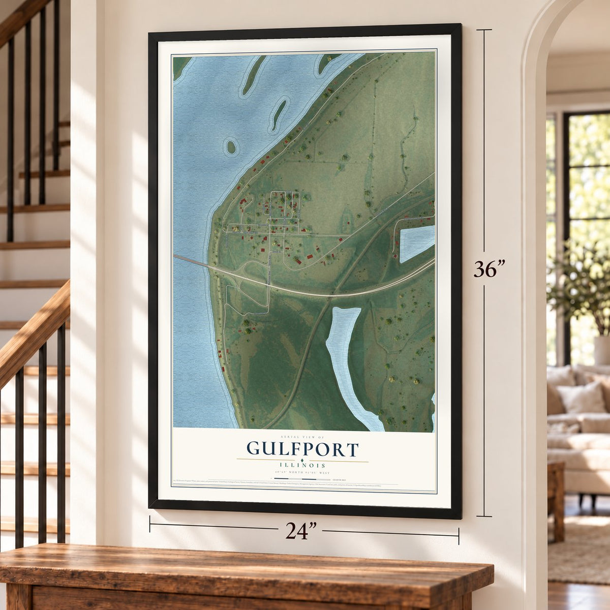 Gulfport, Illinois map, 24 x 36 inch print in a black frame by a staircase