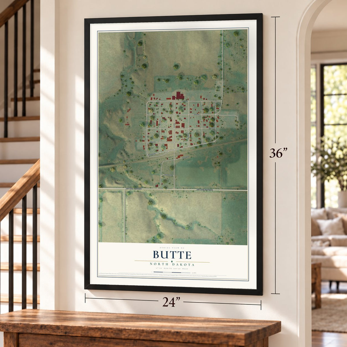 Butte, North Dakota map, 24 x 36 inch print in a black frame by a staircase