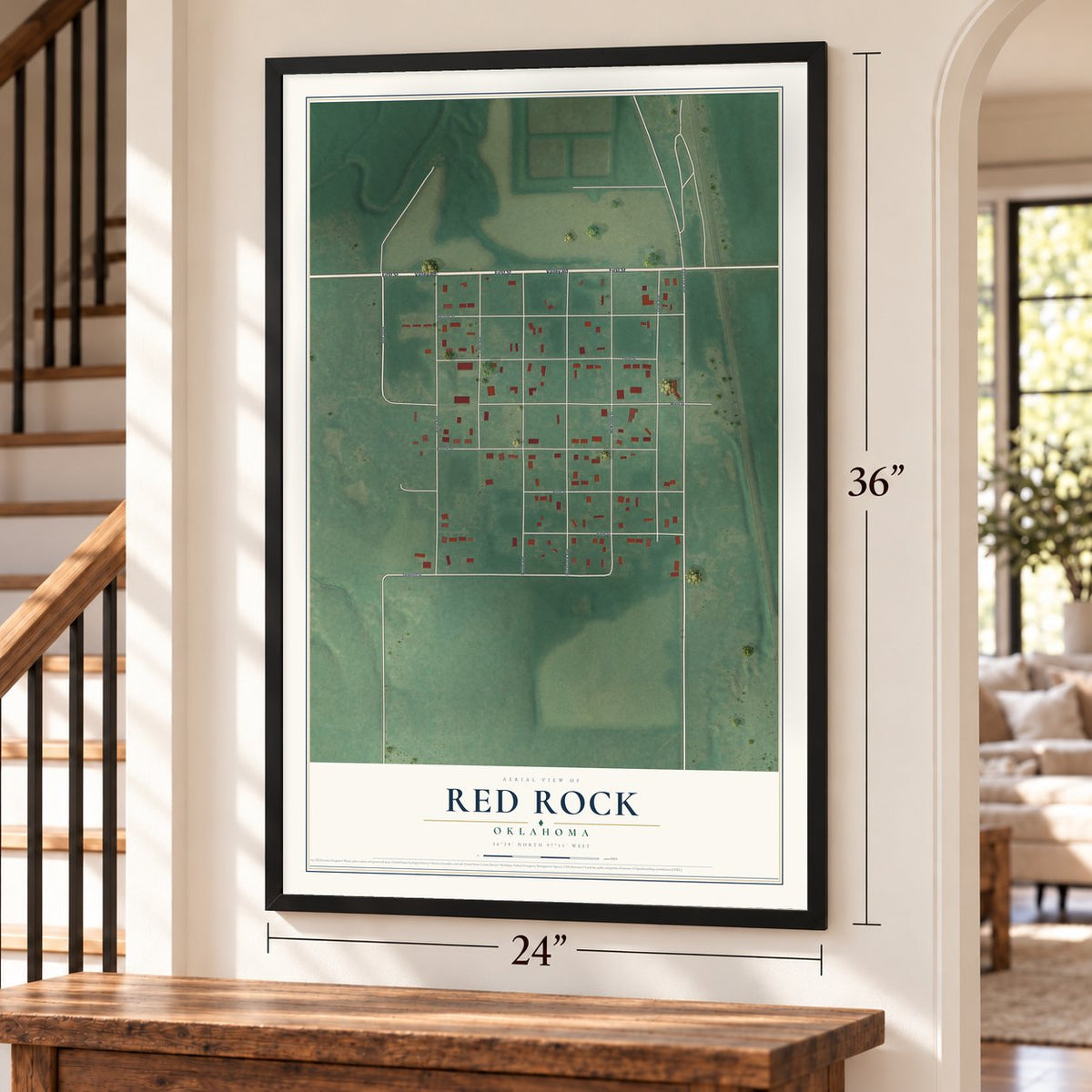 Red Rock, Oklahoma map, 24 x 36 inch print in a black frame by a staircase