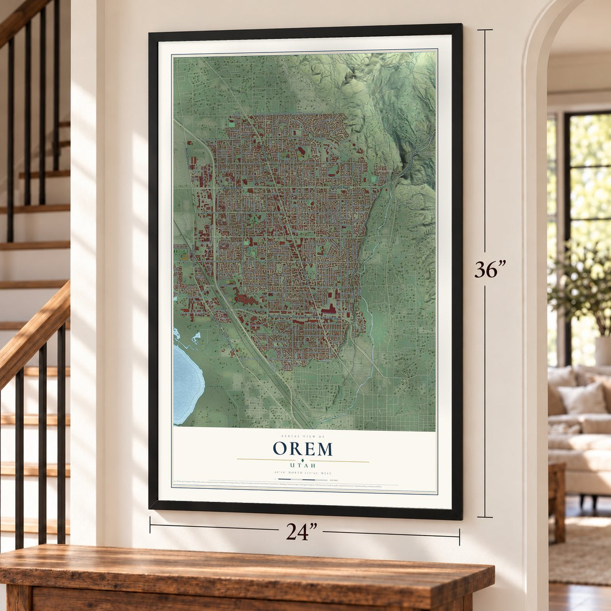 Orem, Utah map, 24 x 36 inch print in a black frame by a staircase