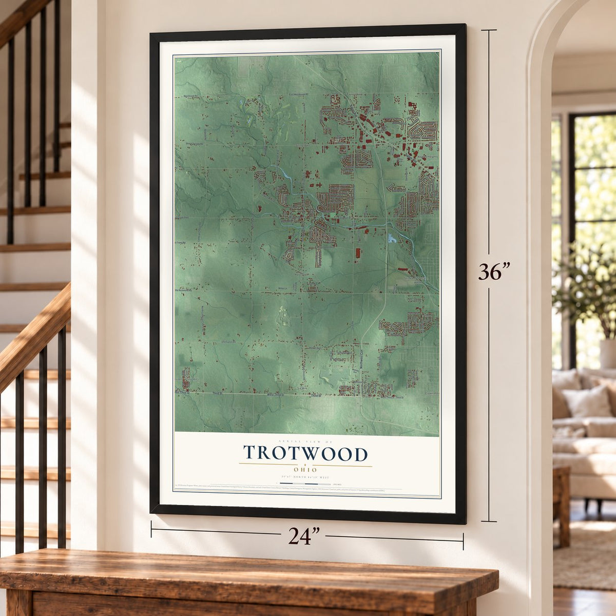 Trotwood, Ohio map, 24 x 36 inch print in a black frame by a staircase