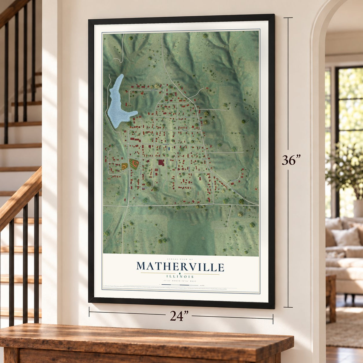 Matherville, Illinois map, 24 x 36 inch print in a black frame by a staircase