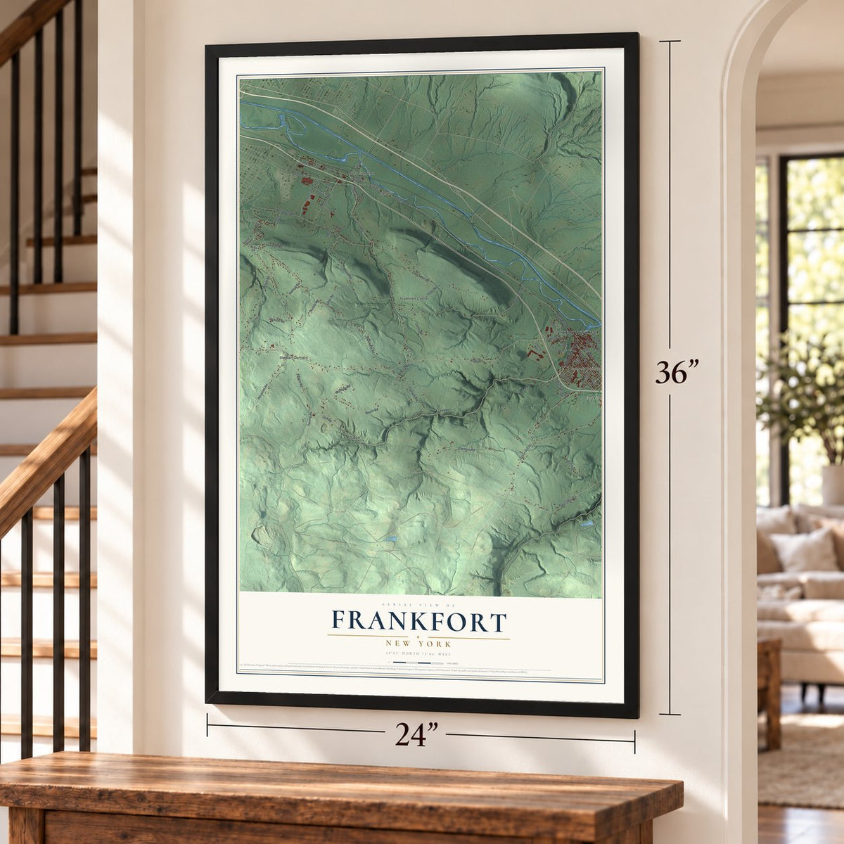 Frankfort, New York map, 24 x 36 inch print in a black frame by a staircase