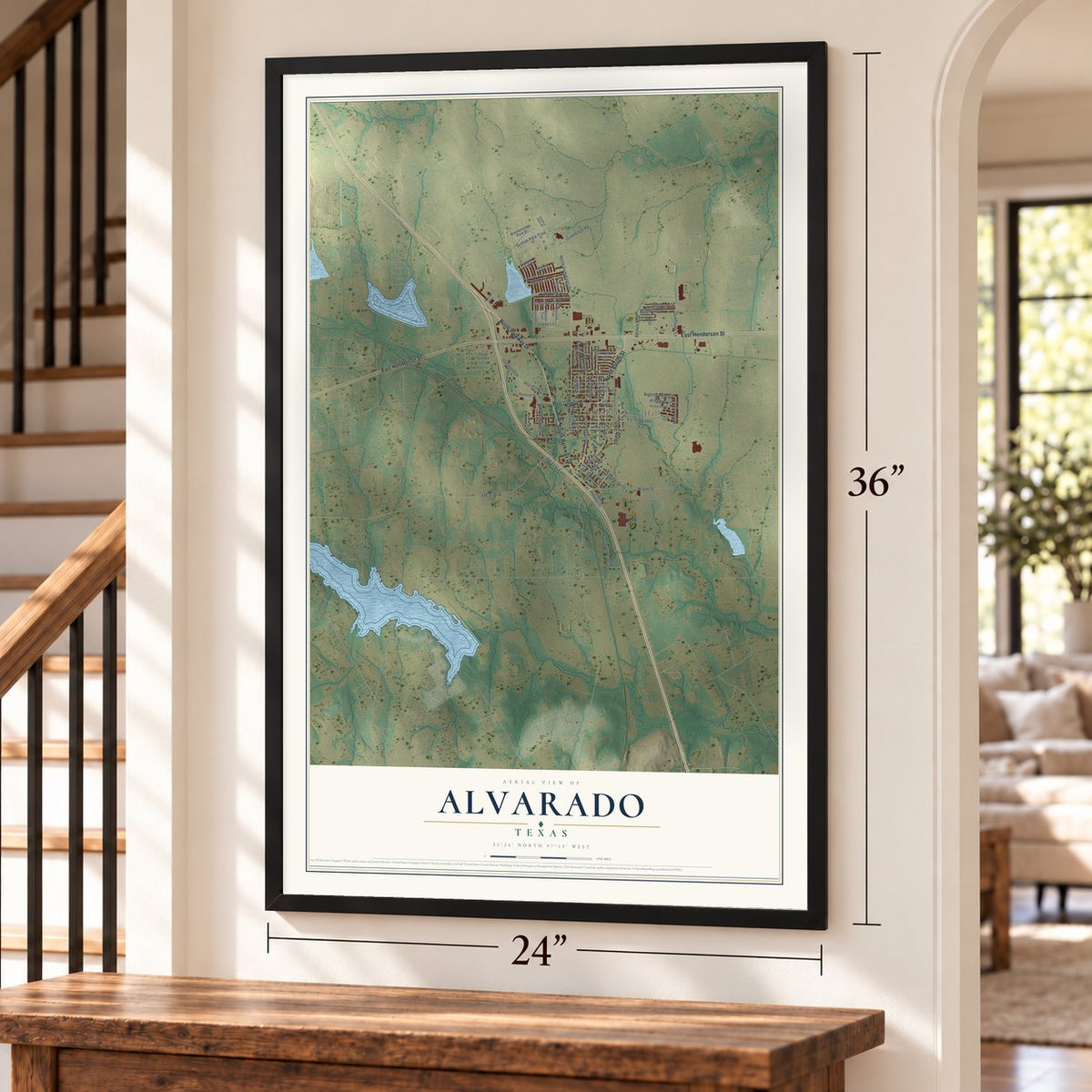 Alvarado, Texas map, 24 x 36 inch print in a black frame by a staircase