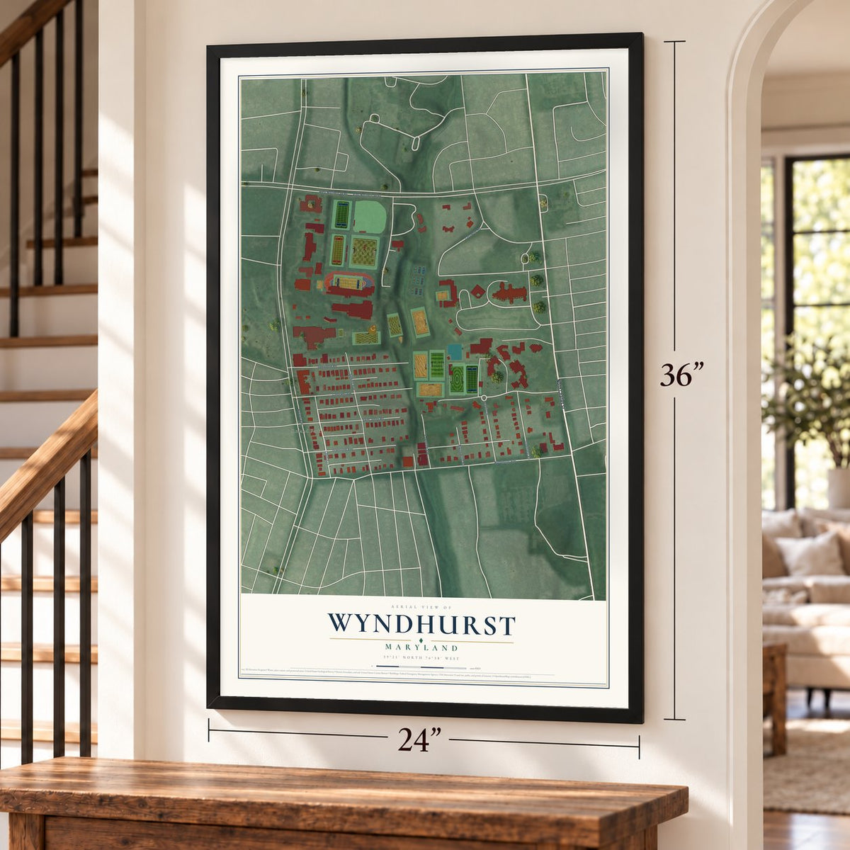 Wyndhurst, Maryland map, 24 x 36 inch print in a black frame by a staircase