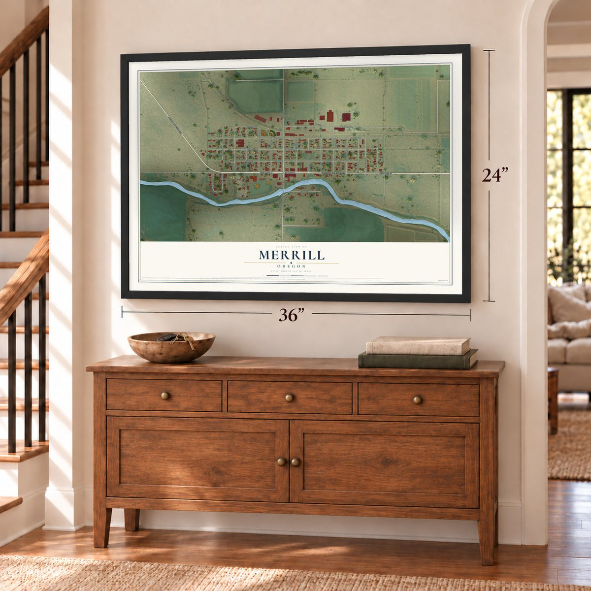 Merrill, Oregon map, 24 x 36 inch print in a black frame above a dresser by a staircase