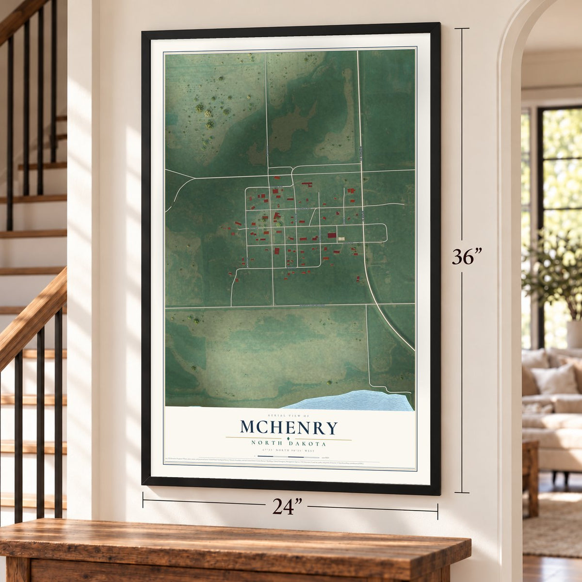 McHenry, North Dakota map, 24 x 36 inch print in a black frame by a staircase