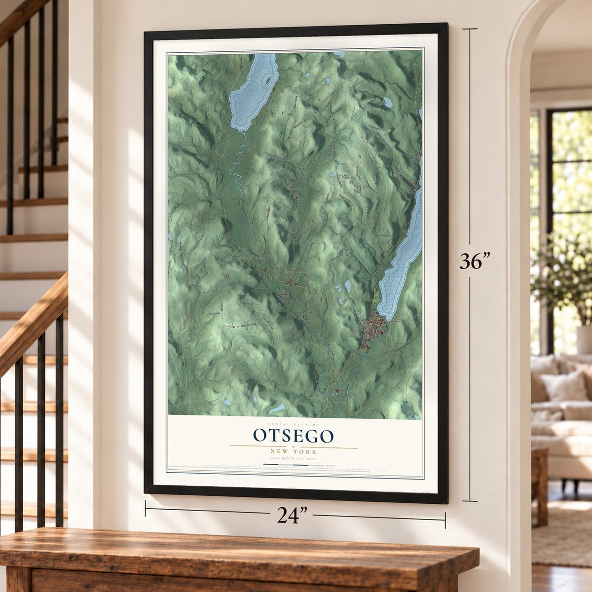 Otsego, New York map, 24 x 36 inch print in a black frame by a staircase