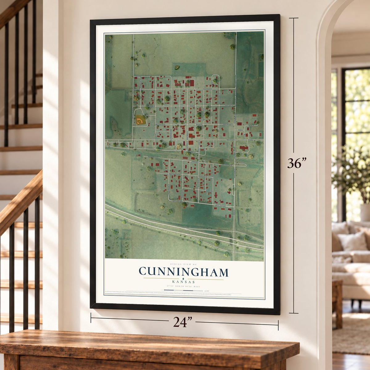 Cunningham, Kansas map, 24 x 36 inch print in a black frame by a staircase