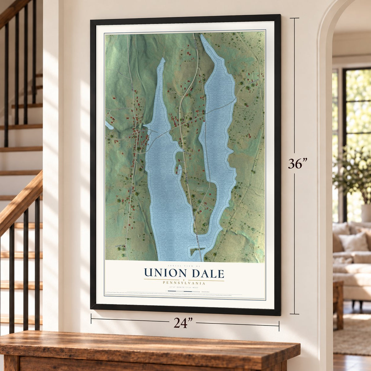 Union Dale, Pennsylvania map, 24 x 36 inch print in a black frame by a staircase