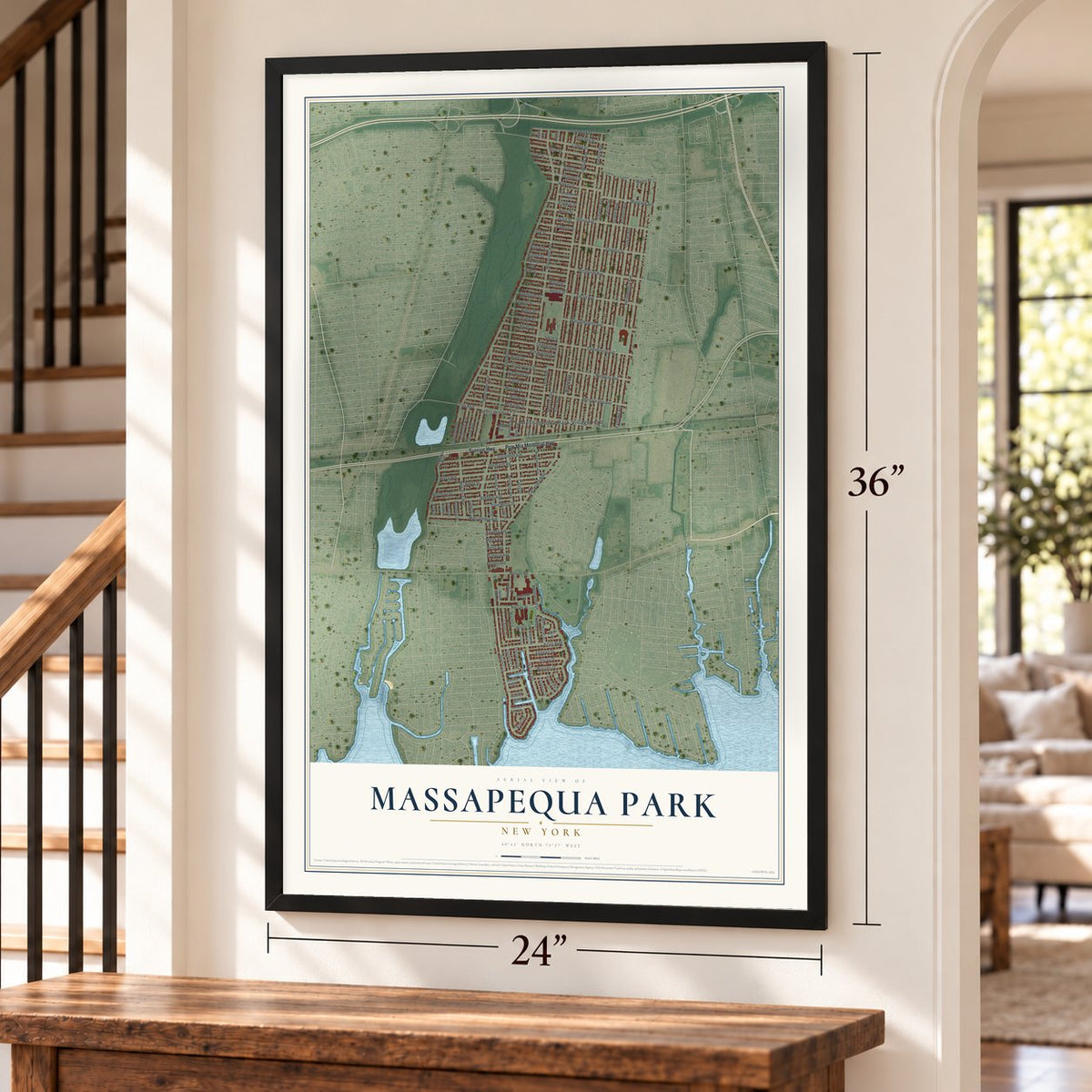 Massapequa Park, New York map, 24 x 36 inch print in a black frame by a staircase
