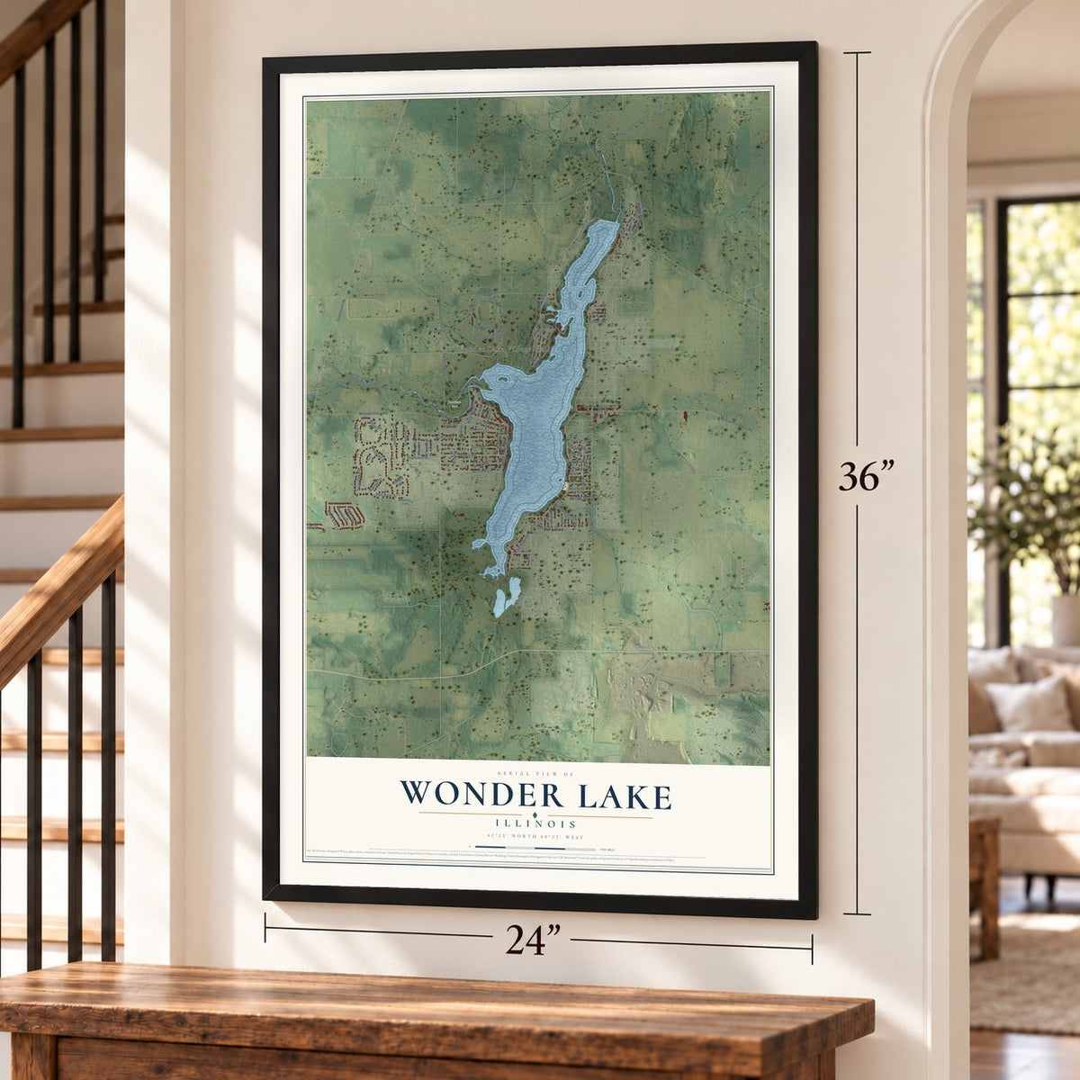 Wonder Lake, Illinois map, 24 x 36 inch print in a black frame by a staircase