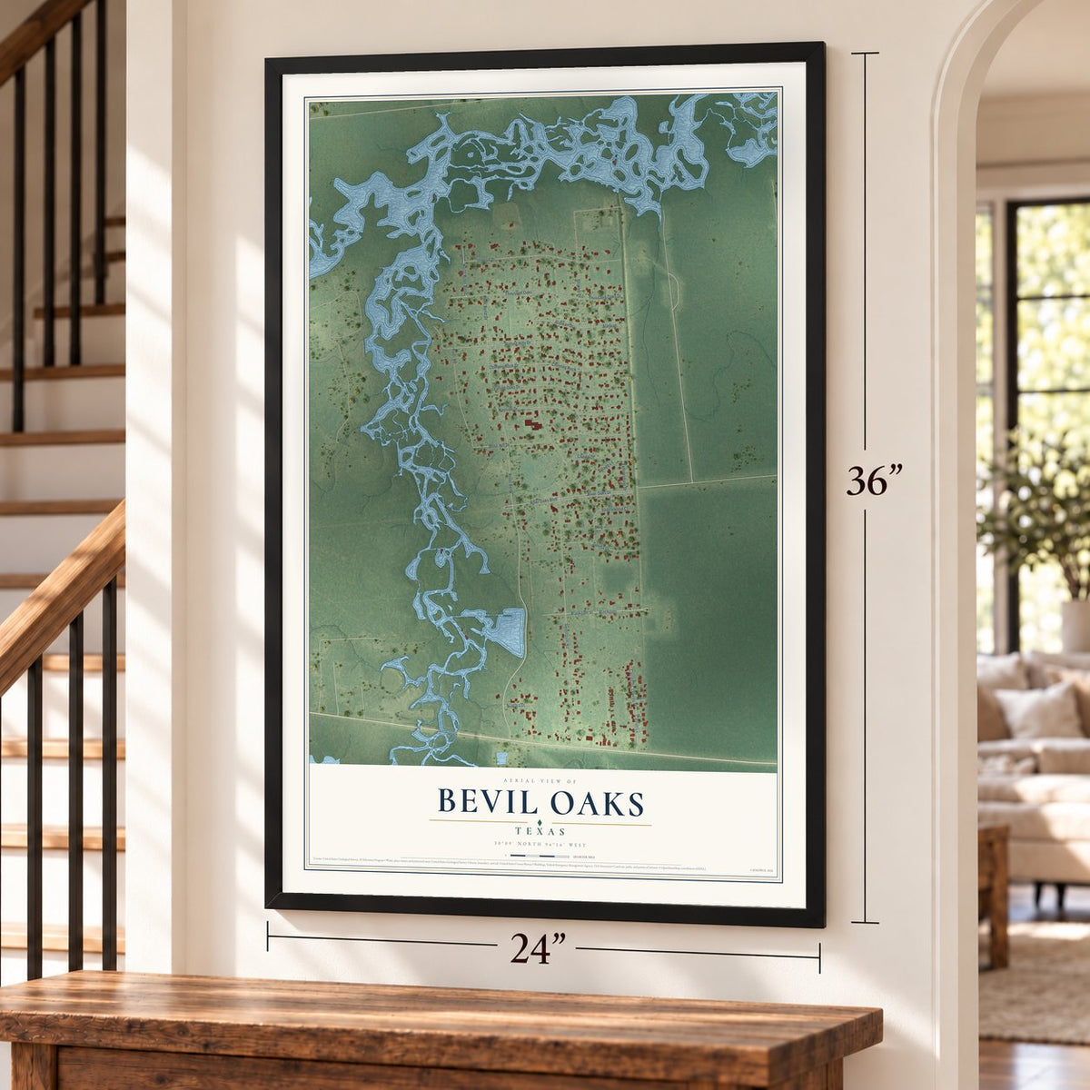 Bevil Oaks, Texas map, 24 x 36 inch print in a black frame by a staircase