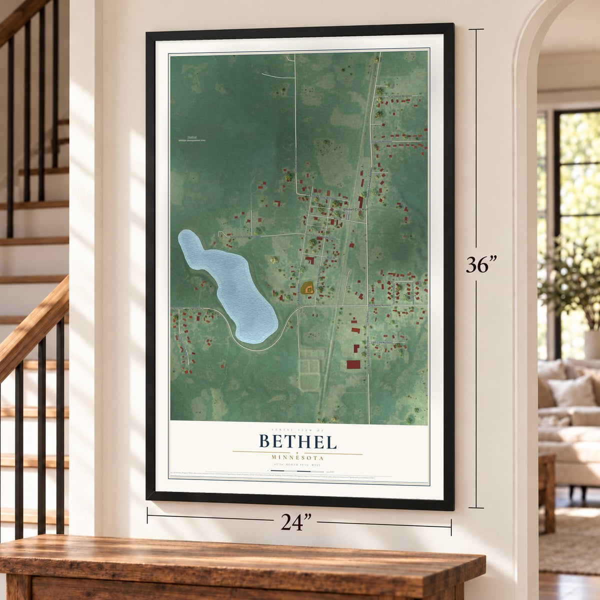 Bethel, Minnesota map, 24 x 36 inch print in a black frame by a staircase