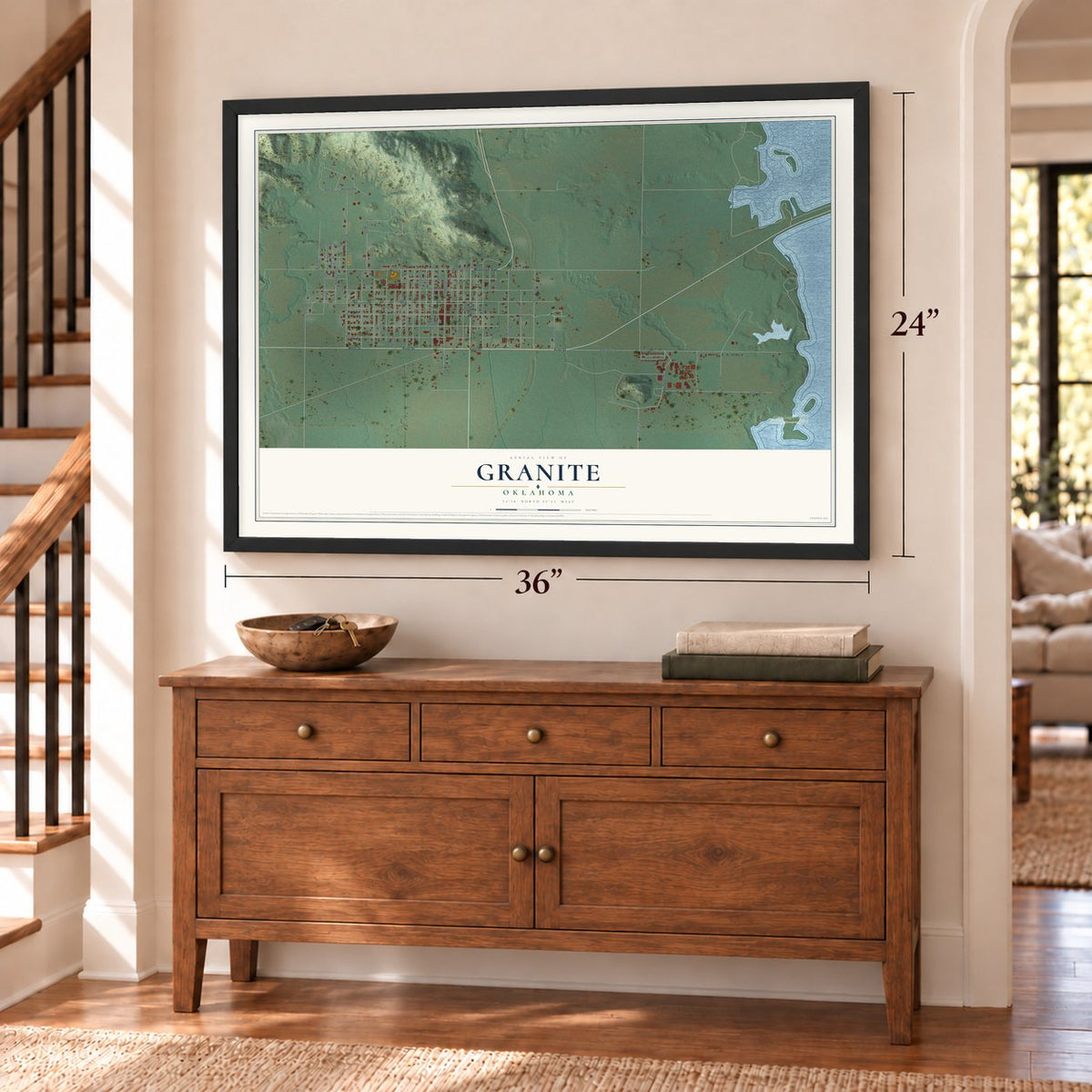 Granite, Oklahoma map, 24 x 36 inch print in a black frame above a dresser by a staircase