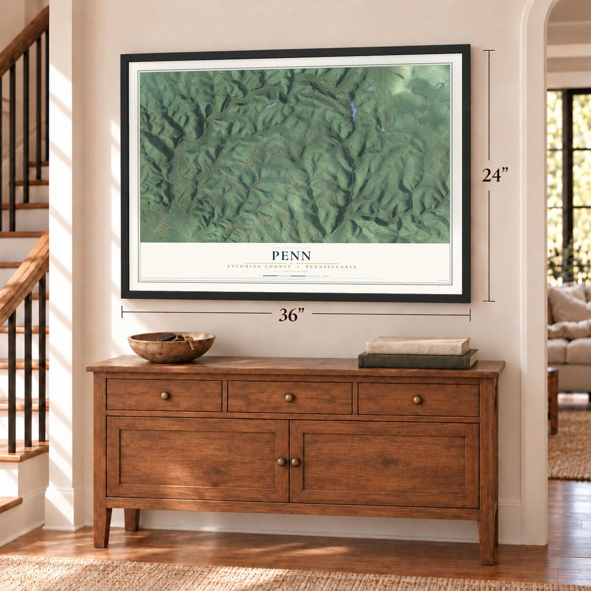 Penn, Lycoming County, Pennsylvania map, 24 x 36 inch print in a black frame above a dresser by a staircase