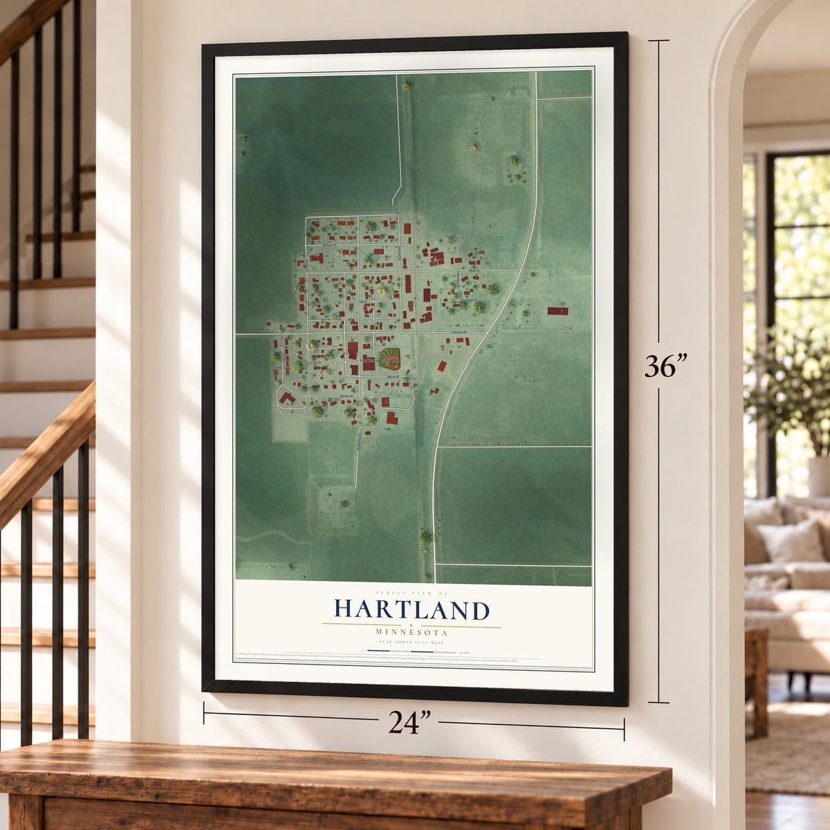 Hartland, Minnesota map, 24 x 36 inch print in a black frame by a staircase