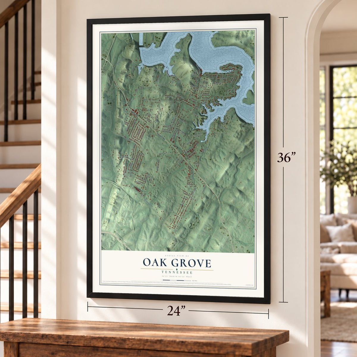 Oak Grove, Tennessee map, 24 x 36 inch print in a black frame by a staircase