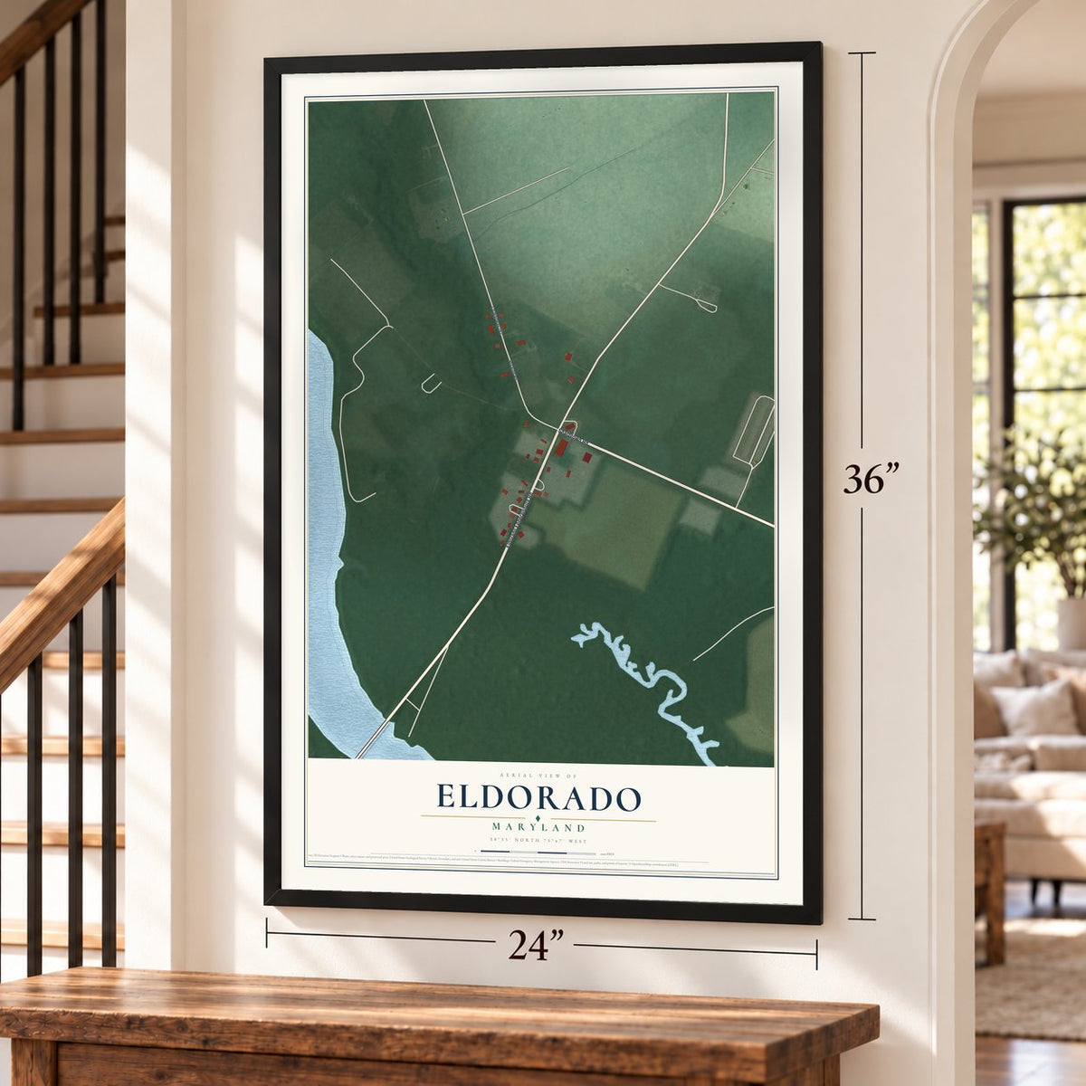 Eldorado, Maryland map, 24 x 36 inch print in a black frame by a staircase