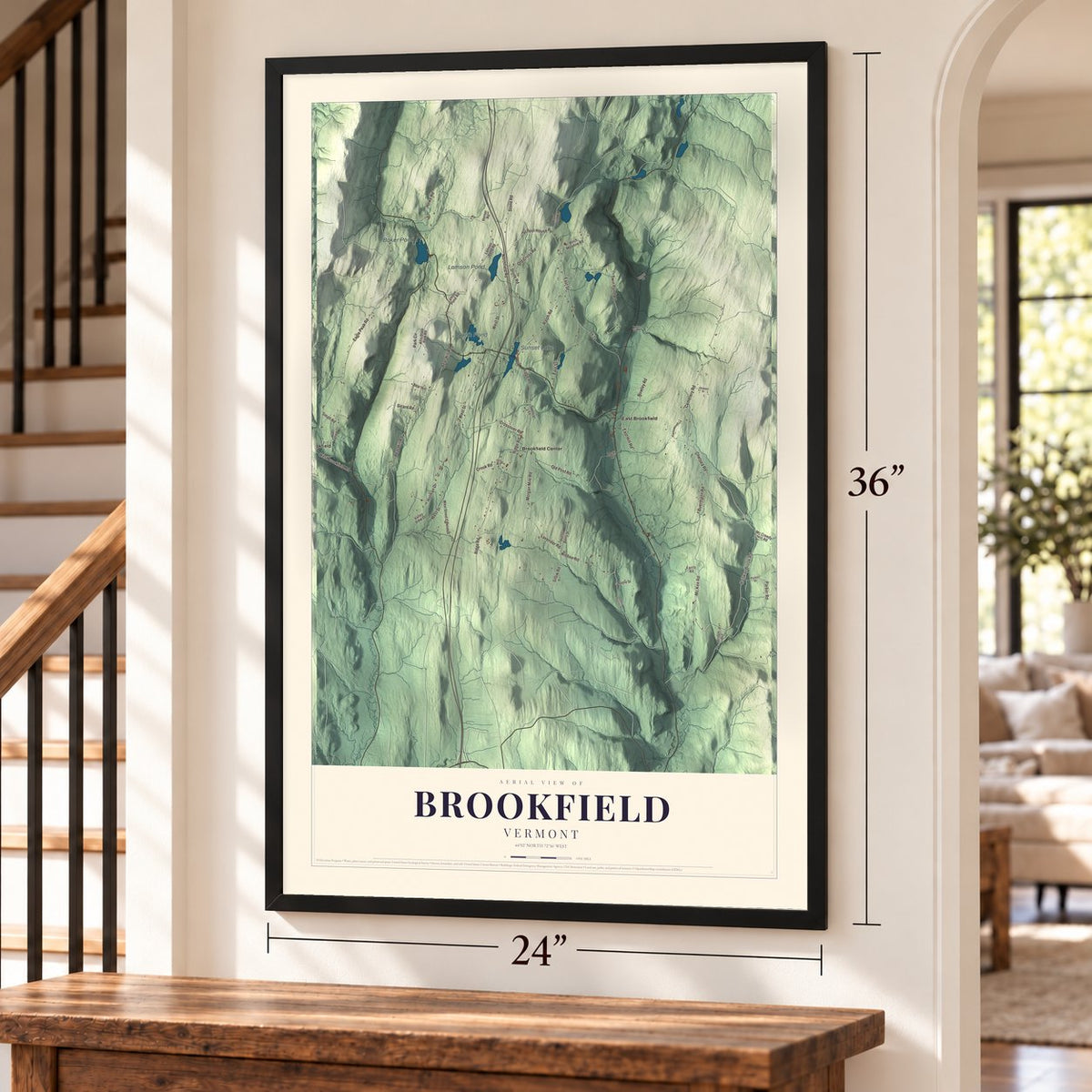 Brookfield, Vermont map, 24 x 36 inch print in a black frame by a staircase
