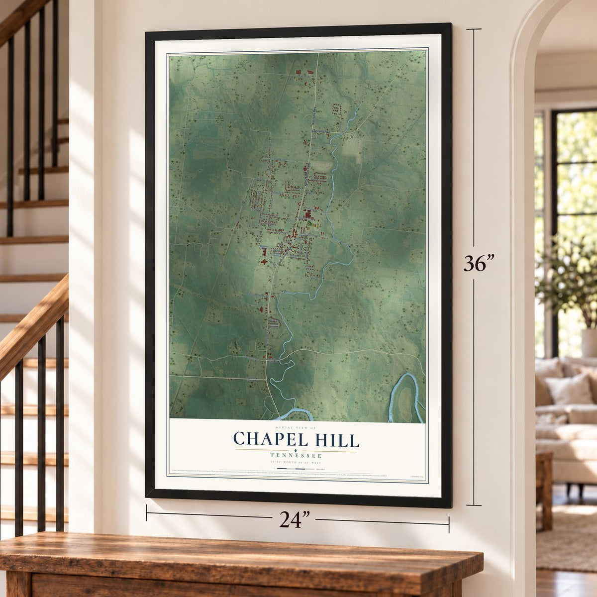 Chapel Hill, Tennessee map, 24 x 36 inch print in a black frame by a staircase