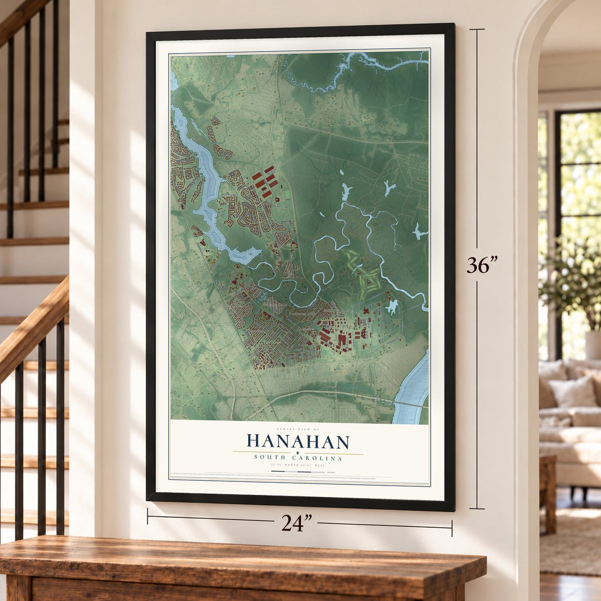 Hanahan, South Carolina map, 24 x 36 inch print in a black frame by a staircase