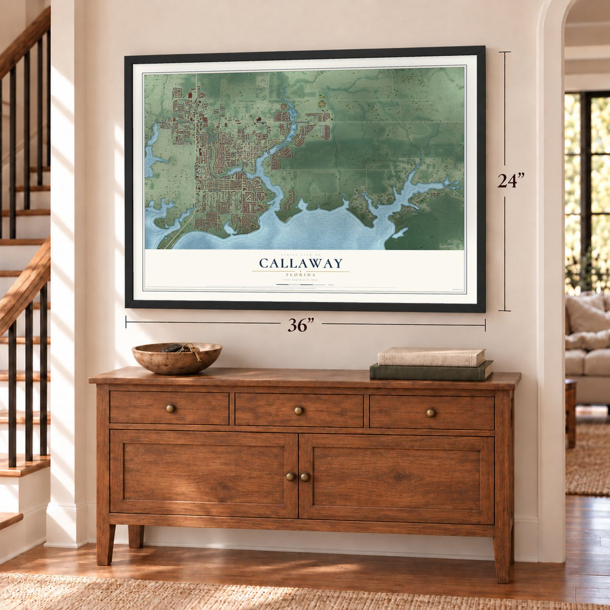 Callaway, Florida map, 24 x 36 inch print in a black frame above a dresser by a staircase