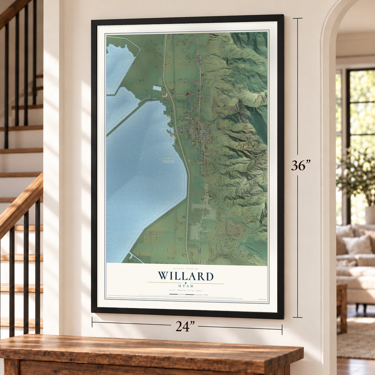 Willard, Utah map, 24 x 36 inch print in a black frame by a staircase