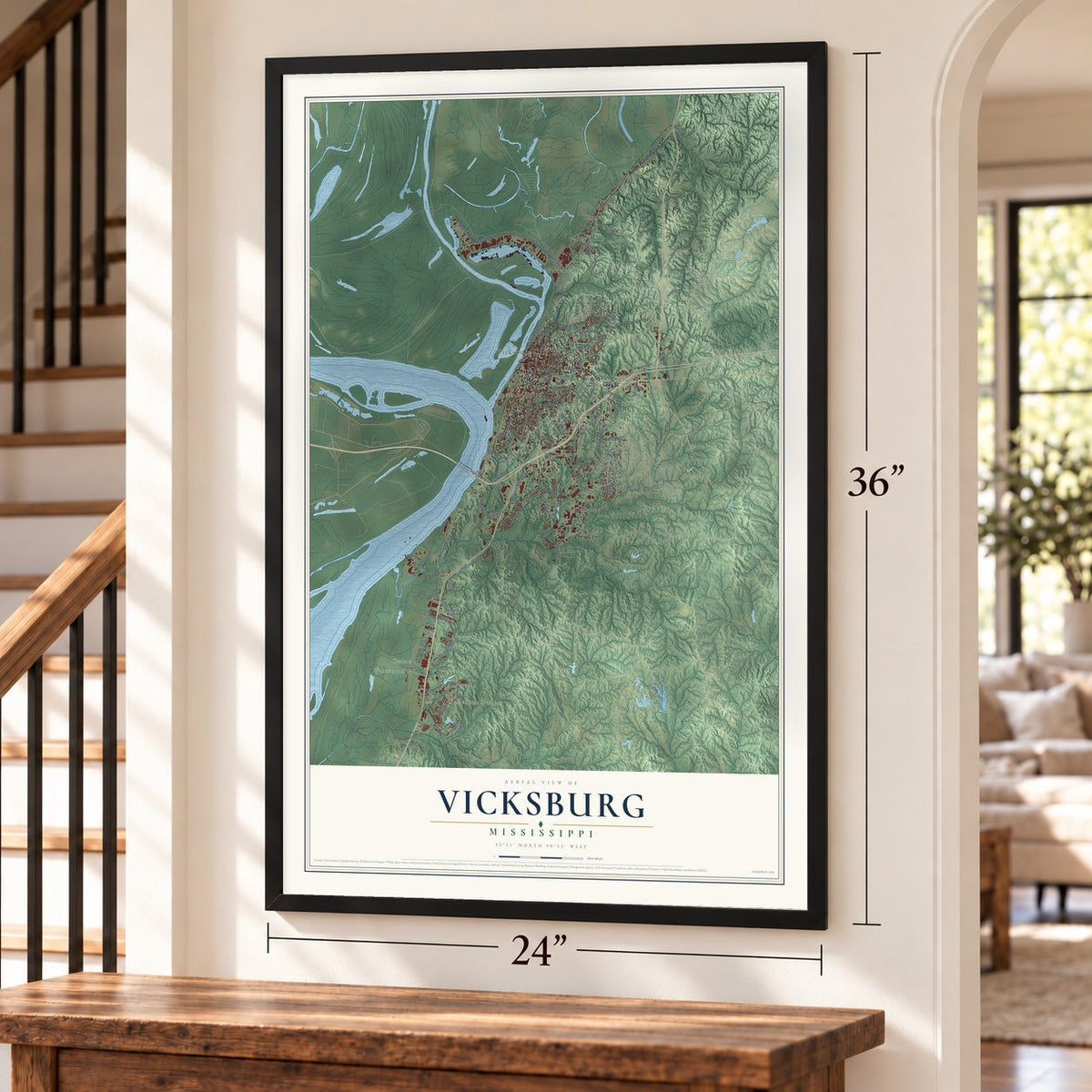 Vicksburg, Mississippi map, 24 x 36 inch print in a black frame by a staircase