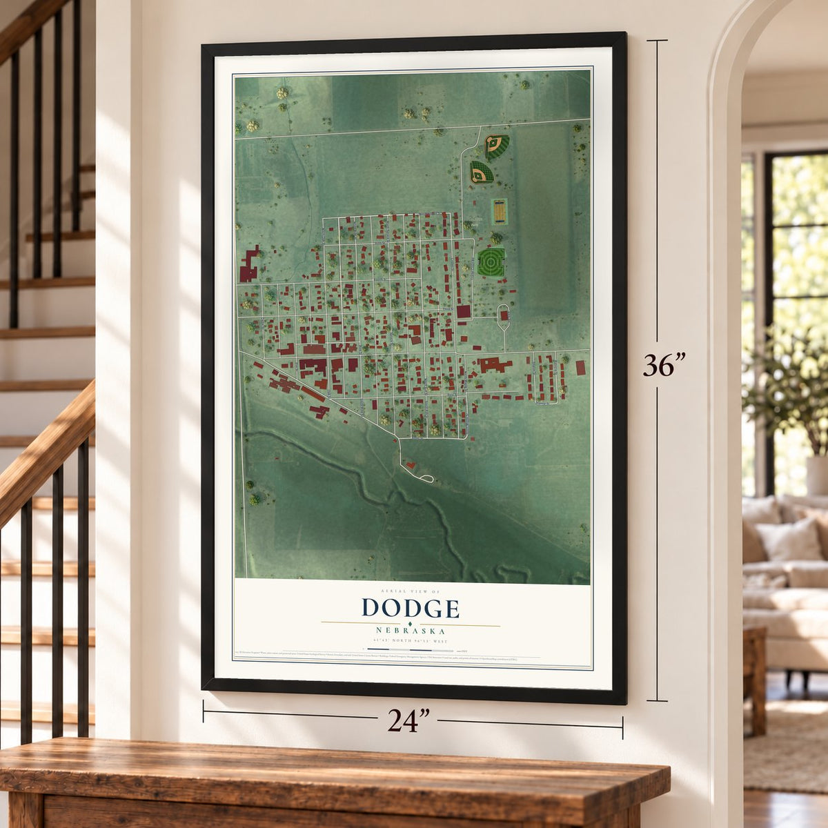 Dodge, Nebraska map, 24 x 36 inch print in a black frame by a staircase