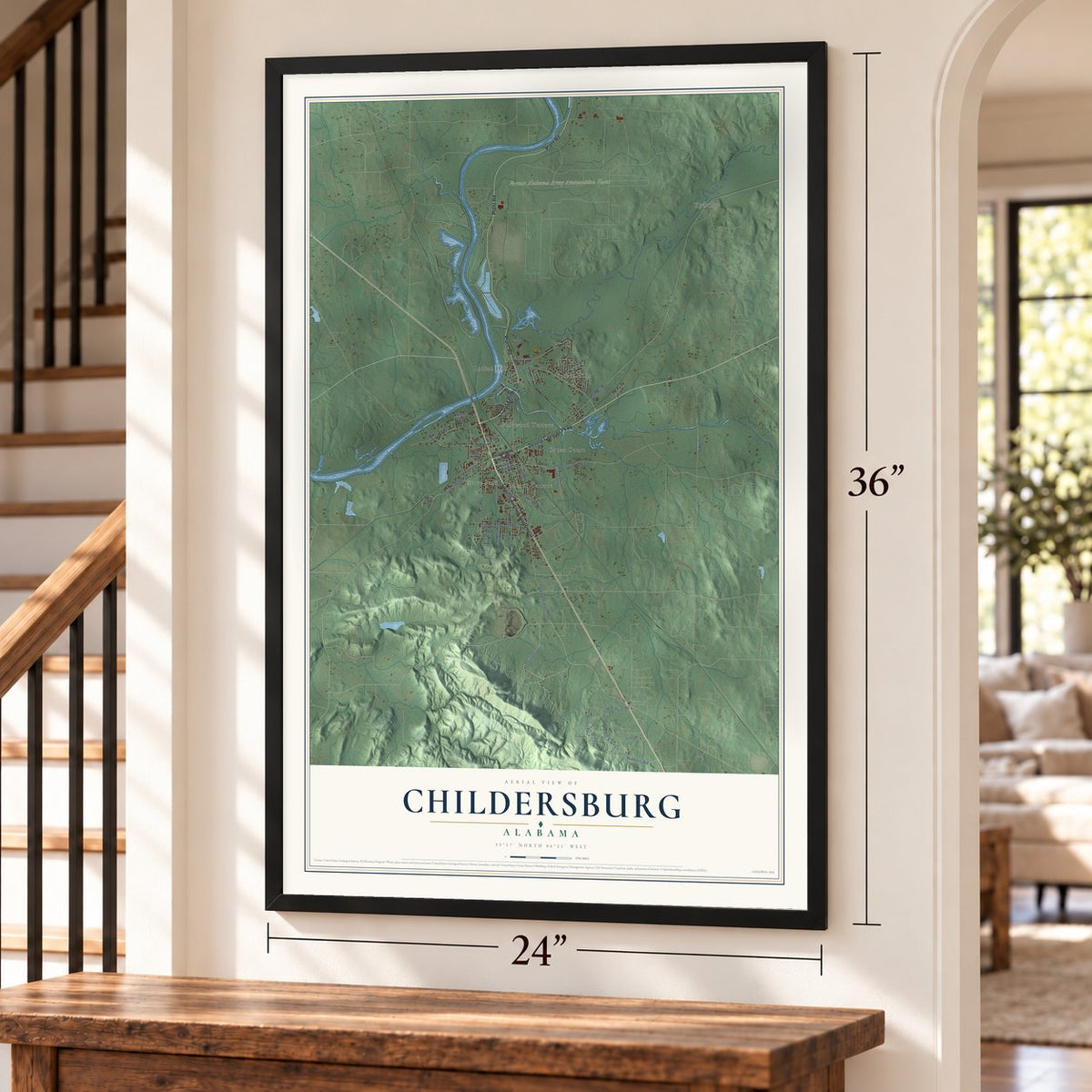 Childersburg, Alabama map, 24 x 36 inch print in a black frame by a staircase
