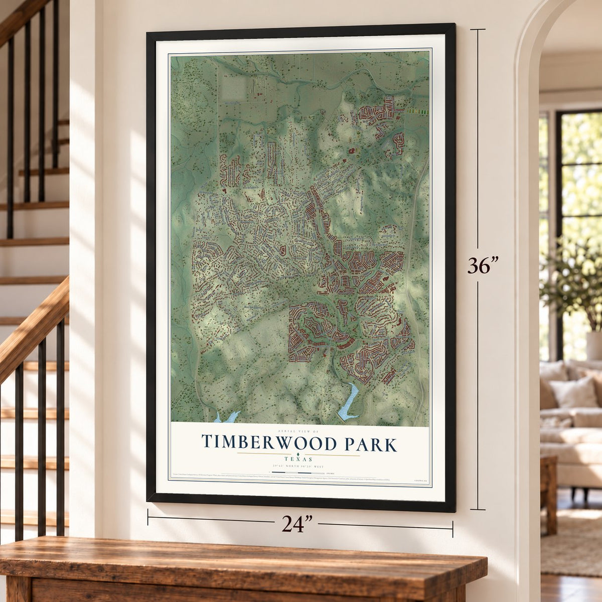 Timberwood Park, Texas map, 24 x 36 inch print in a black frame by a staircase