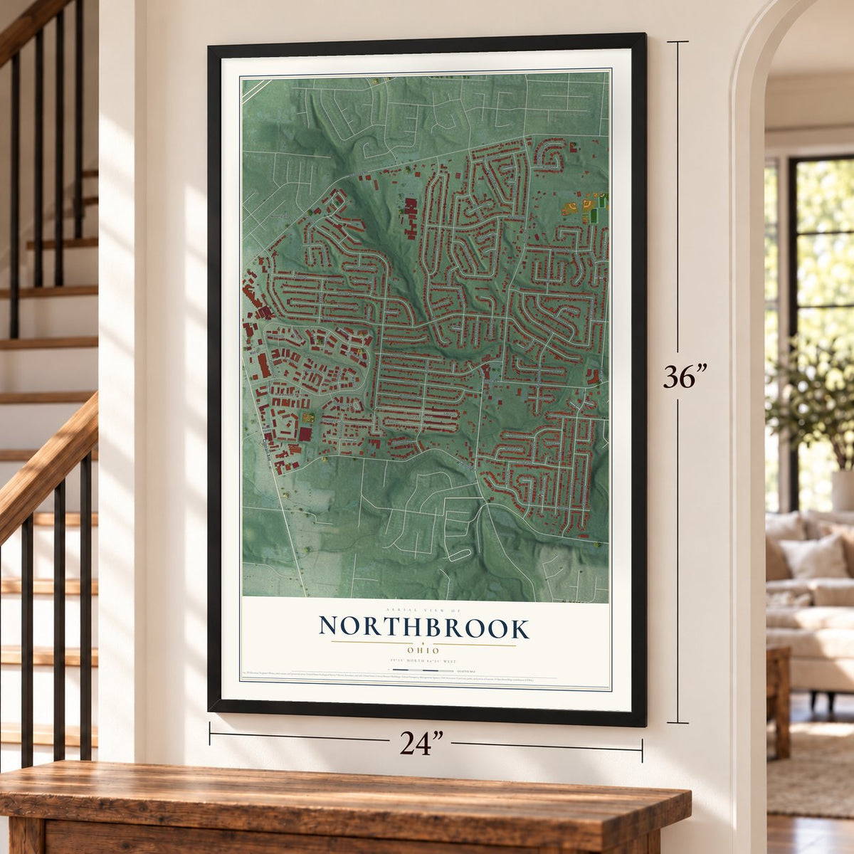 Northbrook, Ohio map, 24 x 36 inch print in a black frame by a staircase