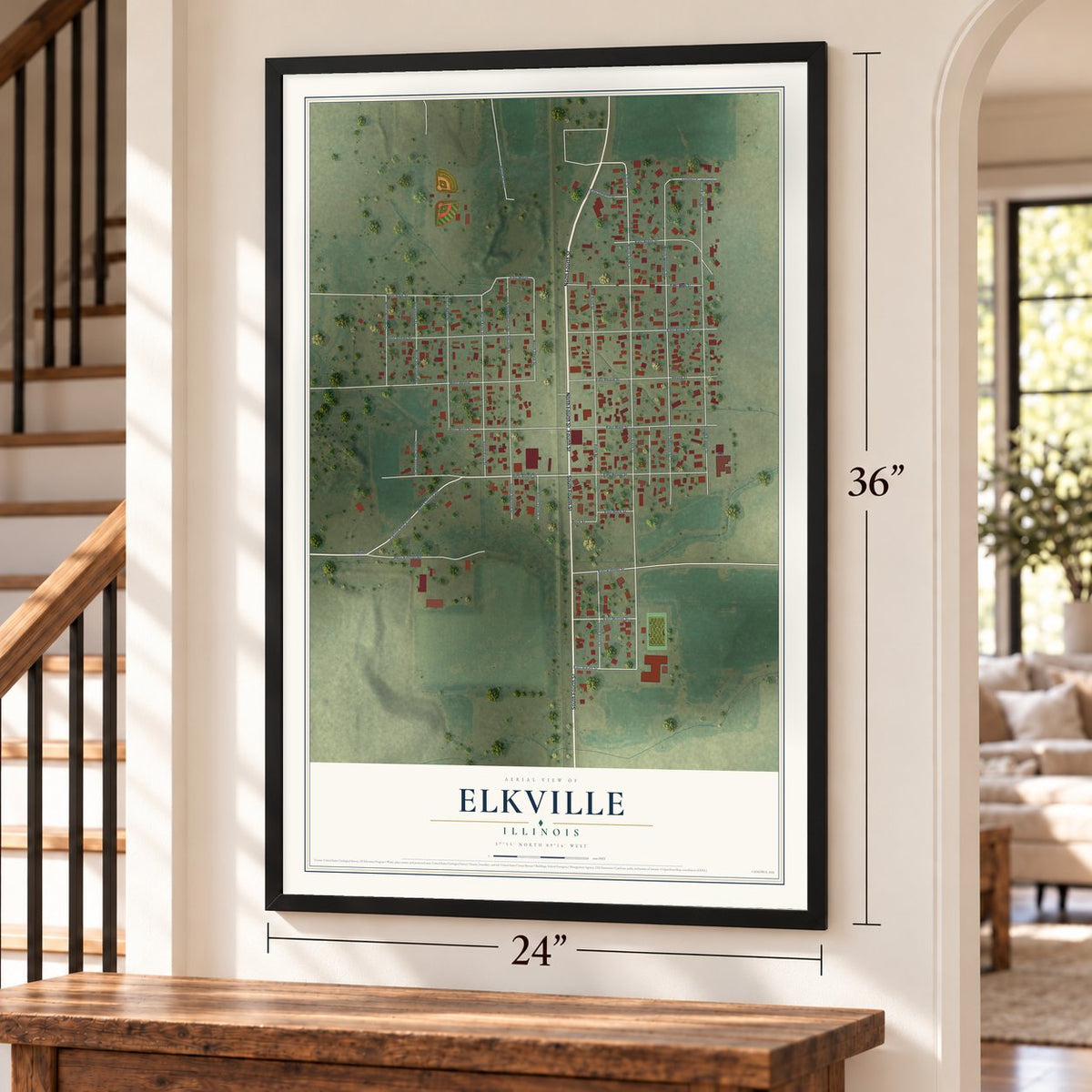 Elkville, Illinois map, 24 x 36 inch print in a black frame by a staircase