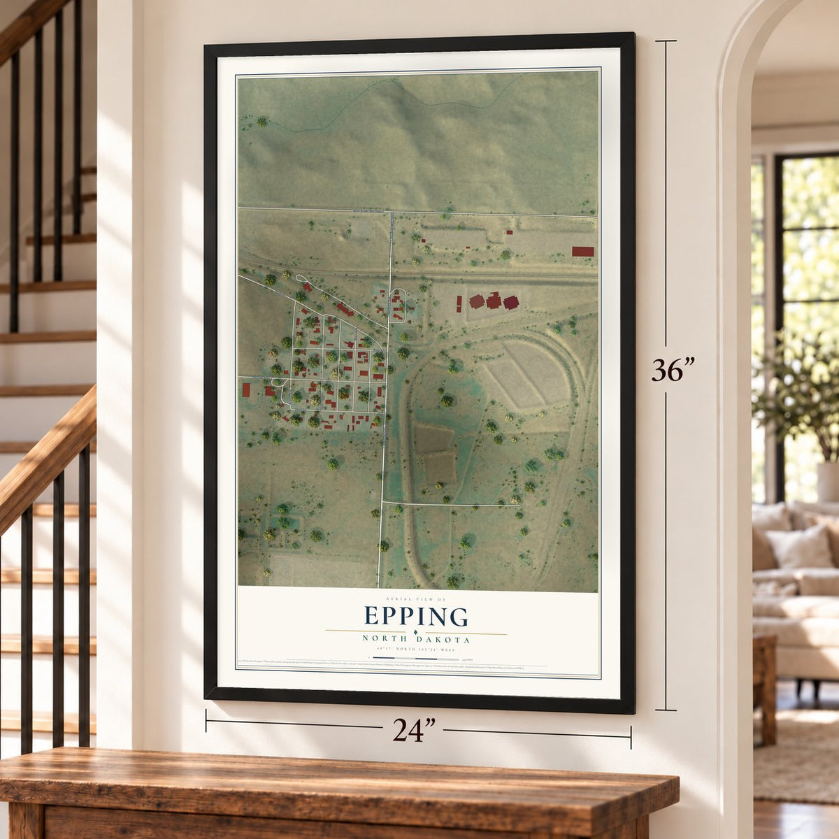 Epping, North Dakota map, 24 x 36 inch print in a black frame by a staircase