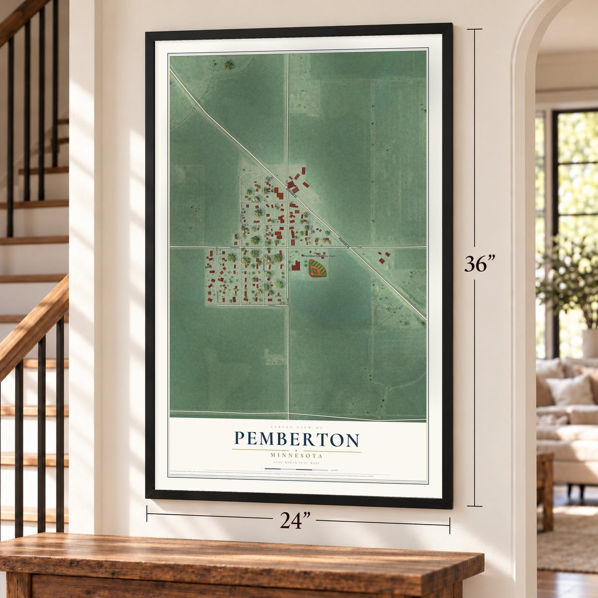 Pemberton, Minnesota map, 24 x 36 inch print in a black frame by a staircase