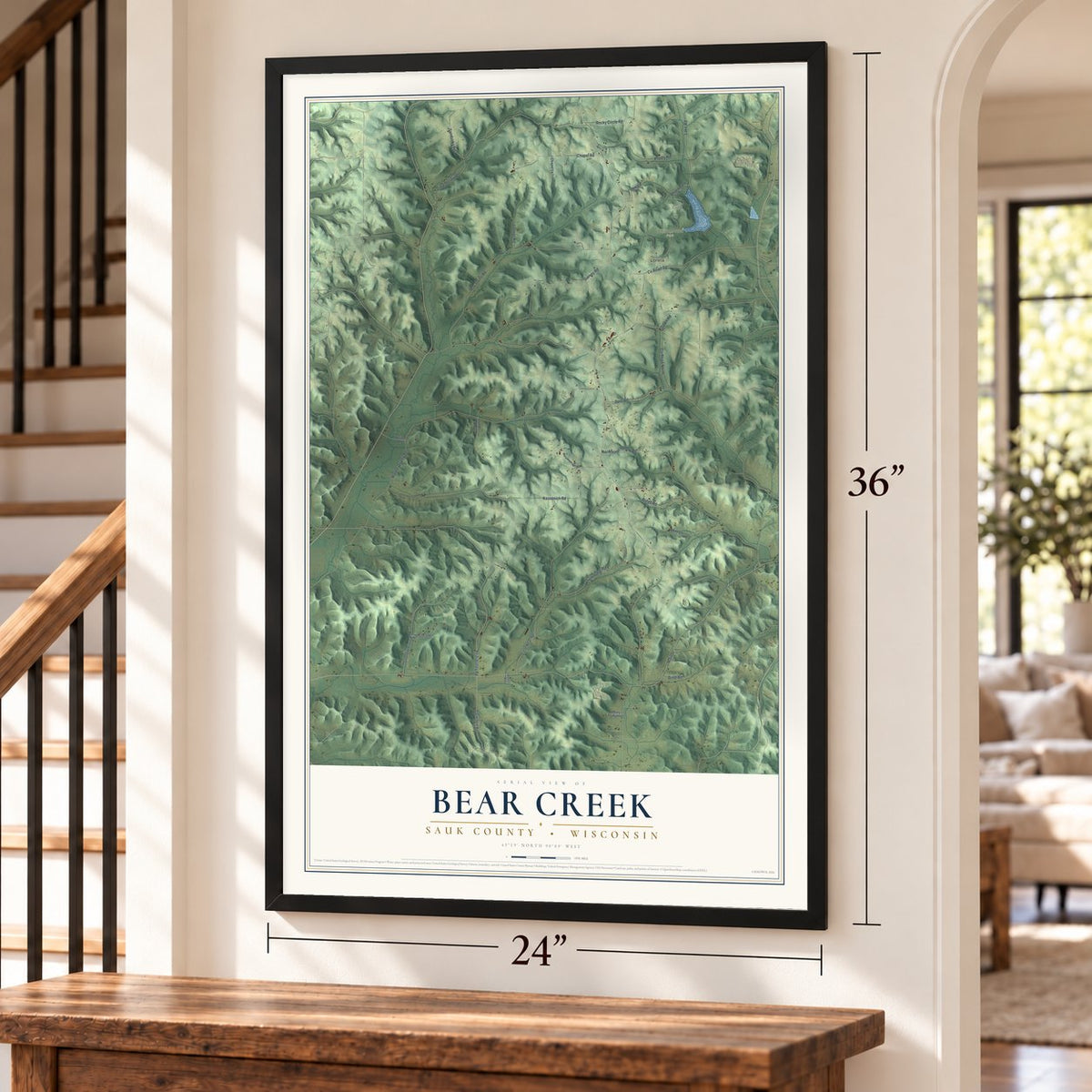 Bear Creek, Sauk County, Wisconsin map, 24 x 36 inch print in a black frame by a staircase