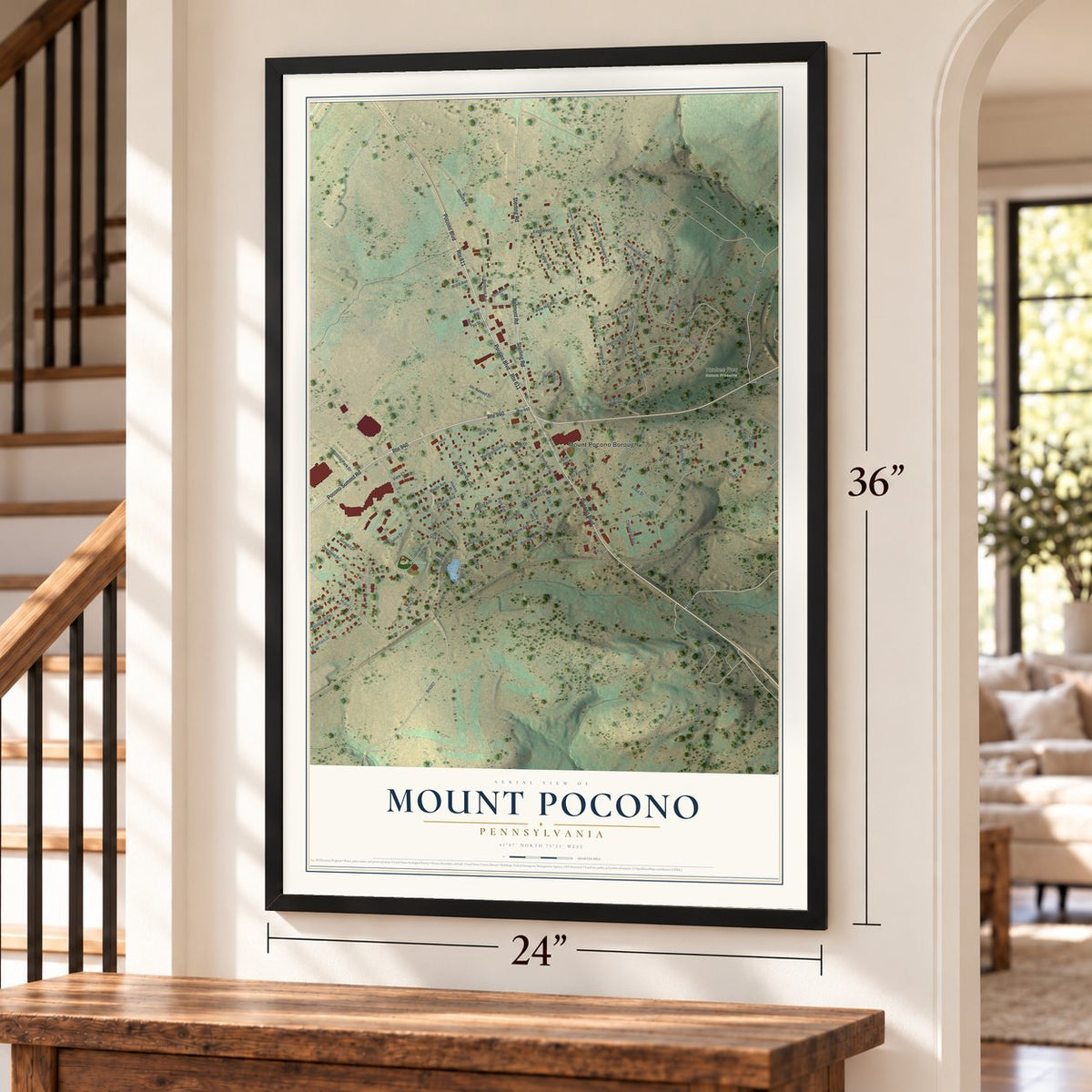 Mount Pocono, Pennsylvania map, 24 x 36 inch print in a black frame by a staircase