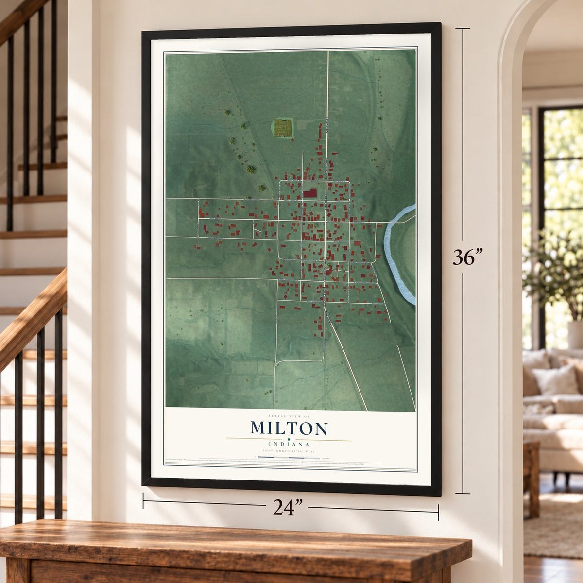 Milton, Indiana map, 24 x 36 inch print in a black frame by a staircase