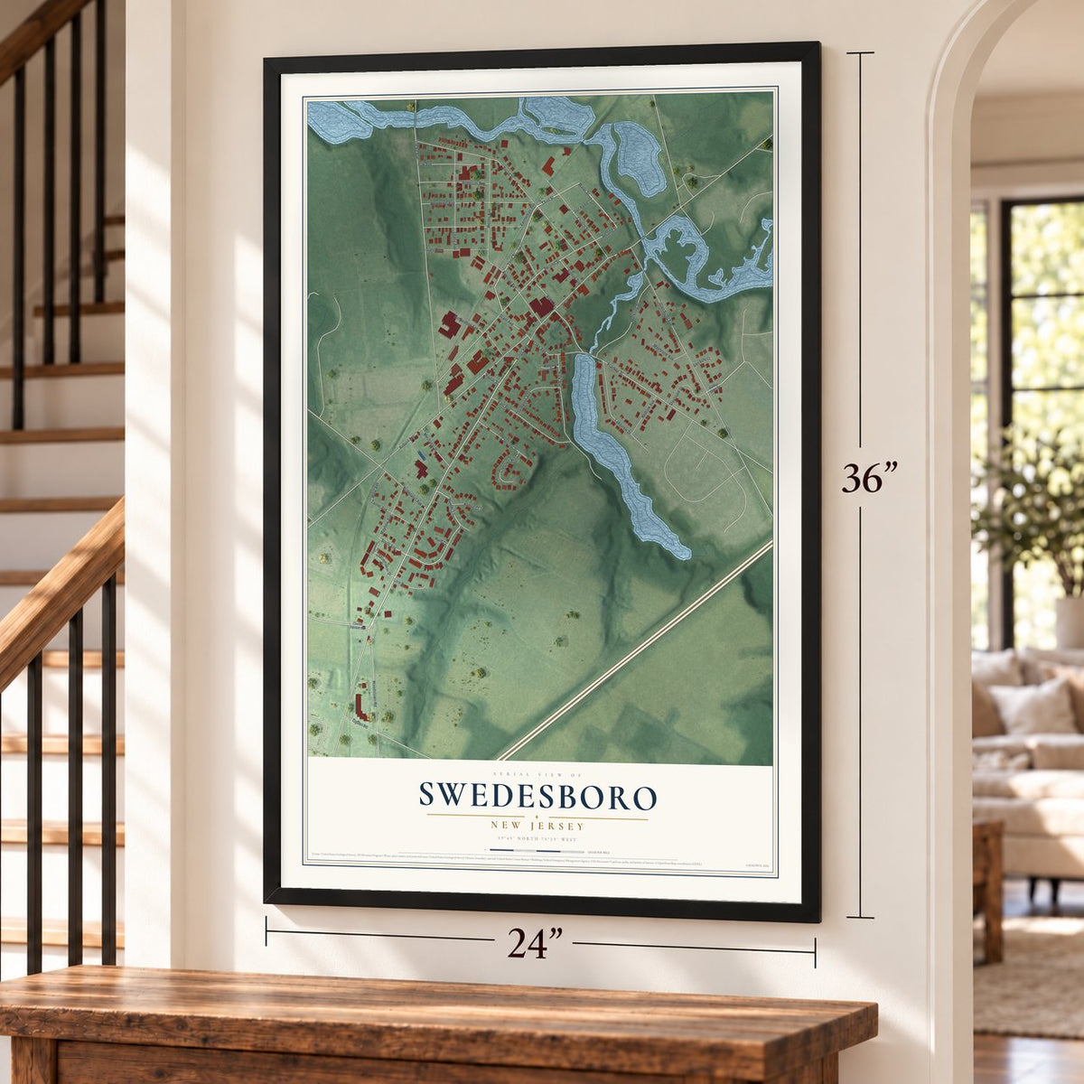 Swedesboro, New Jersey map, 24 x 36 inch print in a black frame by a staircase