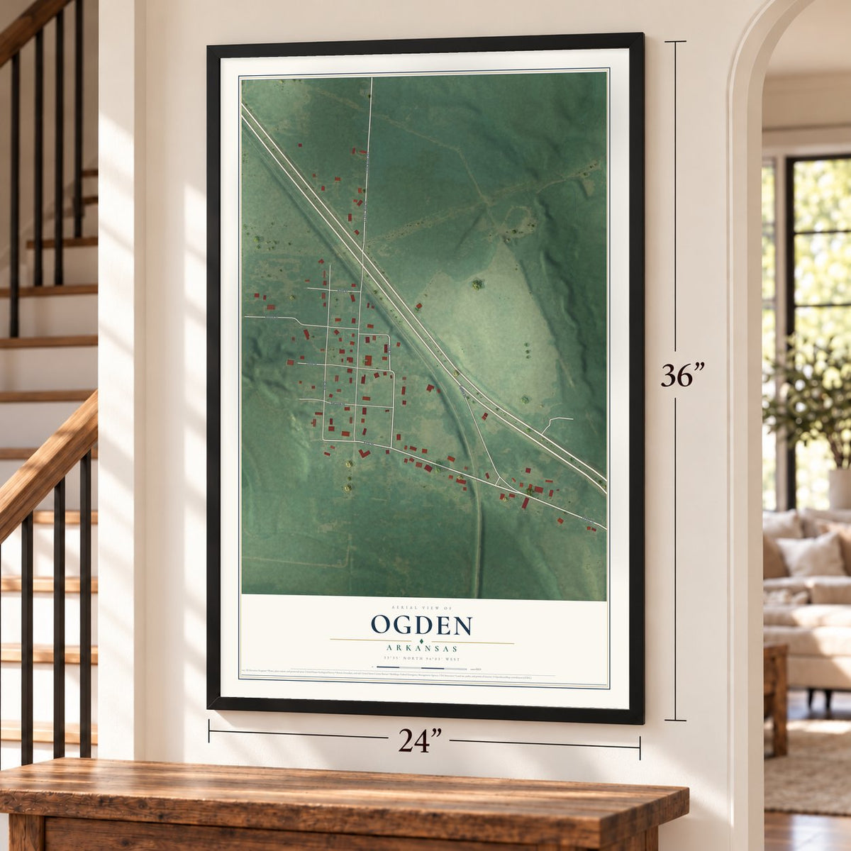 Ogden, Arkansas map, 24 x 36 inch print in a black frame by a staircase