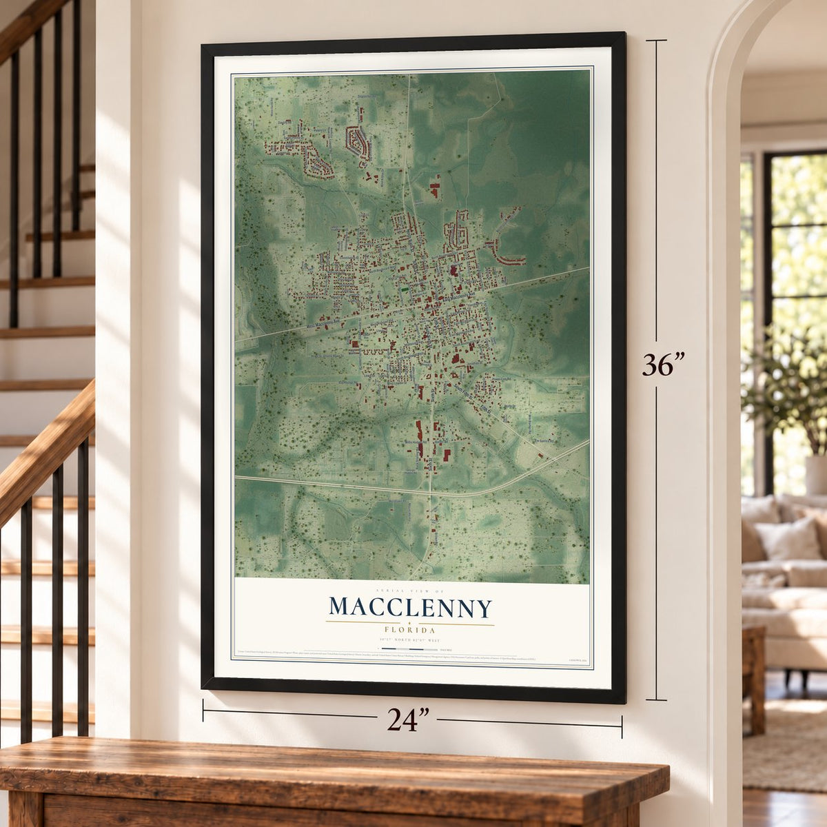 Macclenny, Florida map, 24 x 36 inch print in a black frame by a staircase