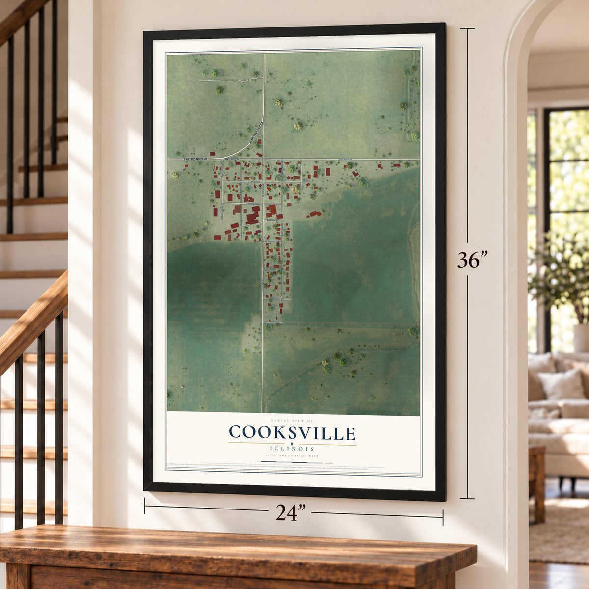 Cooksville, Illinois map, 24 x 36 inch print in a black frame by a staircase