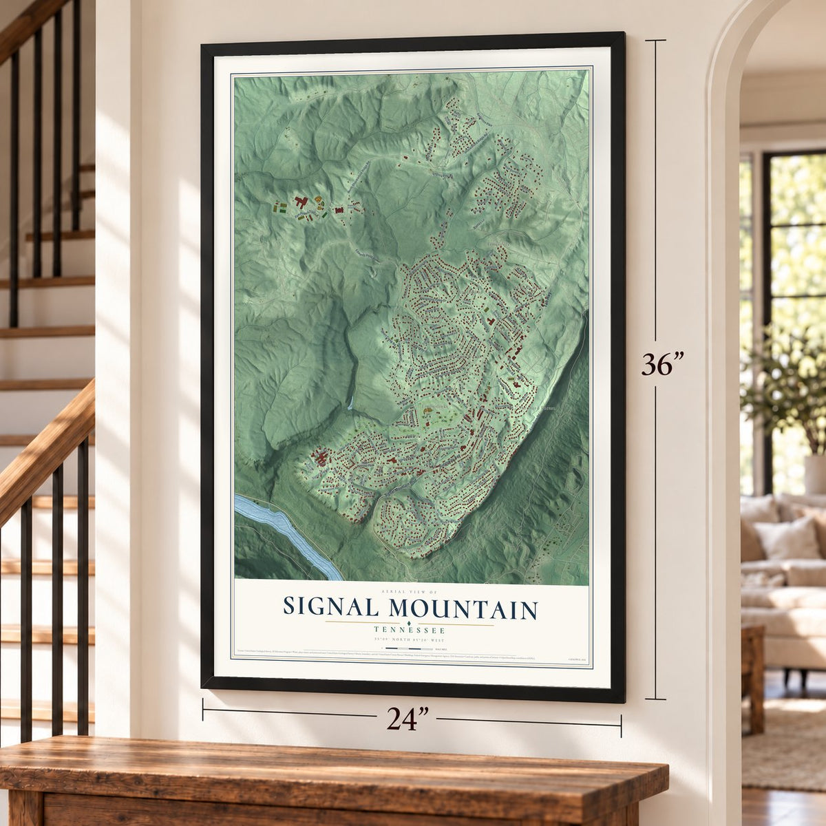 Signal Mountain, Tennessee map, 24 x 36 inch print in a black frame by a staircase