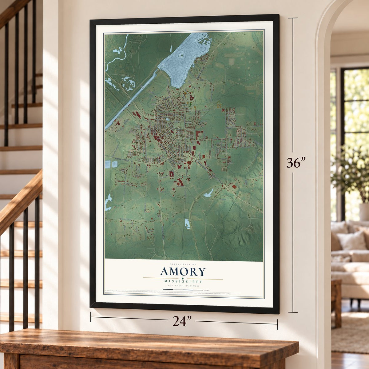 Amory, Mississippi map, 24 x 36 inch print in a black frame by a staircase