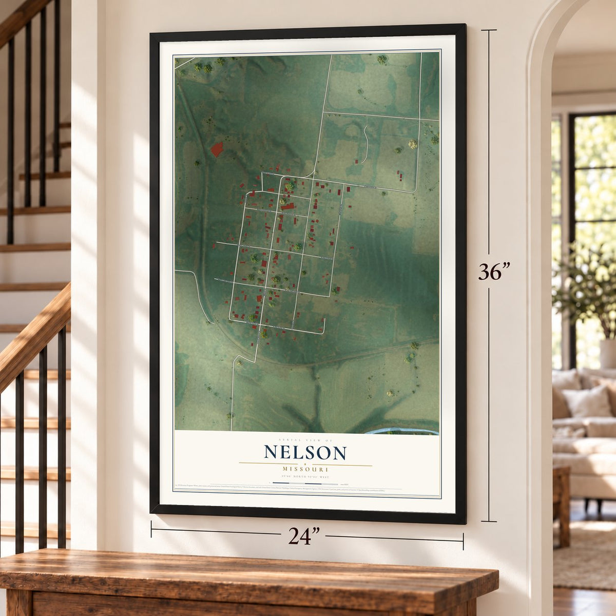 Nelson, Missouri map, 24 x 36 inch print in a black frame by a staircase