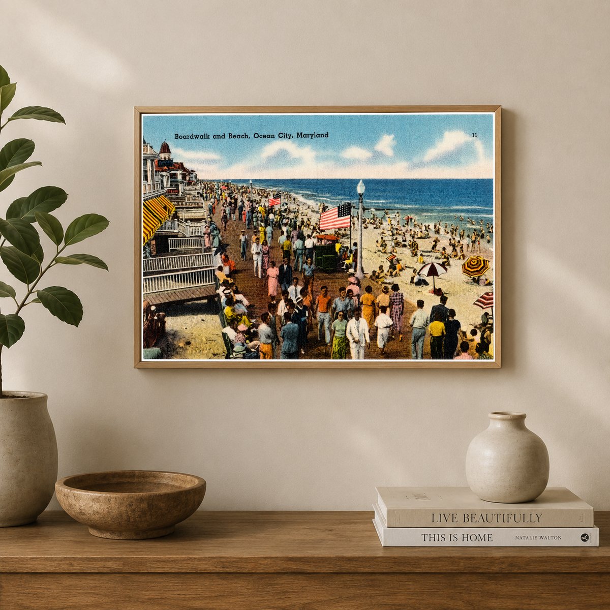 Boardwalk and beach, Ocean City, Maryland — Vintage Maryland Postcard