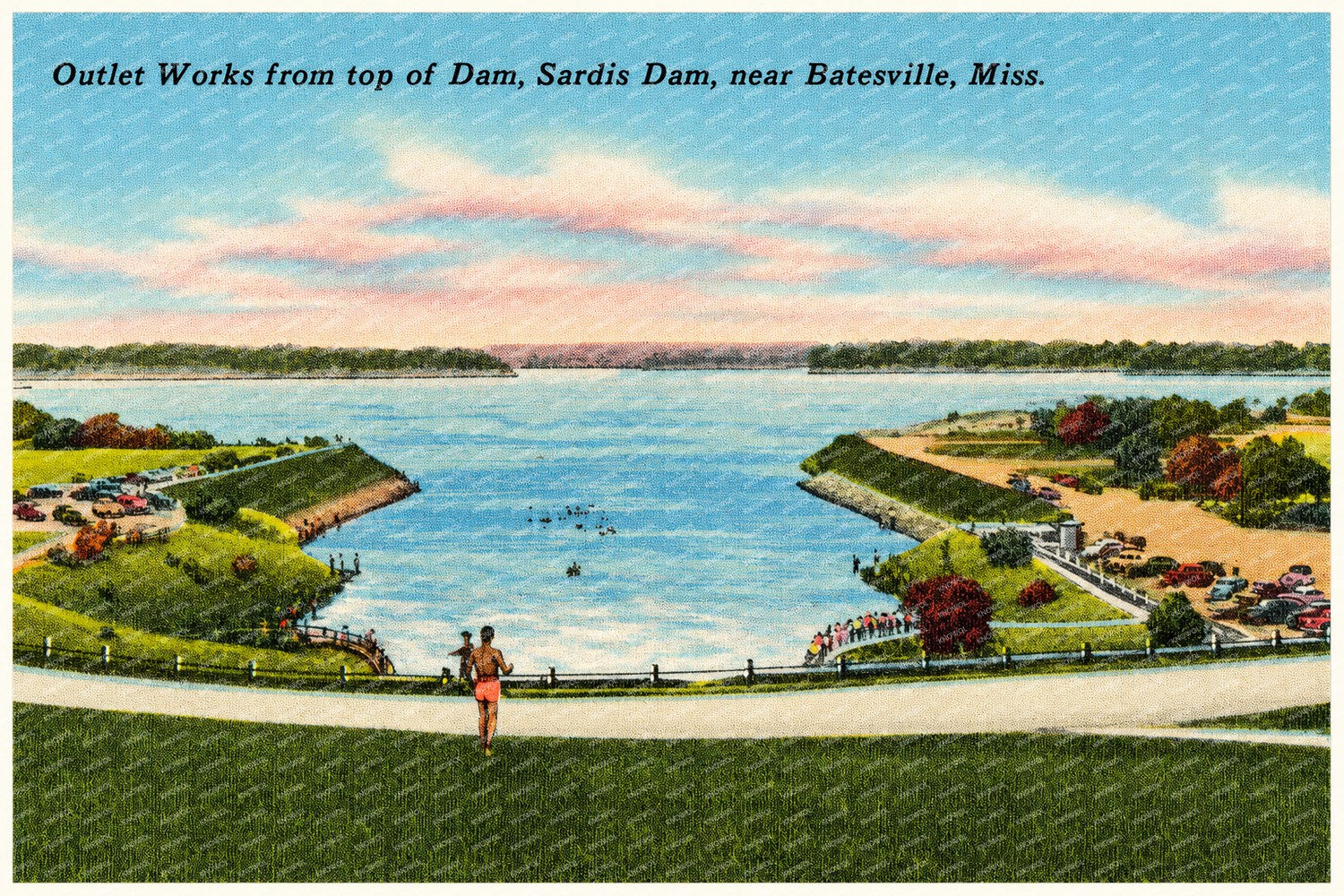 Sardis Lake, MS: Outlet works from top of dam, Sardis Dam, near Batesville