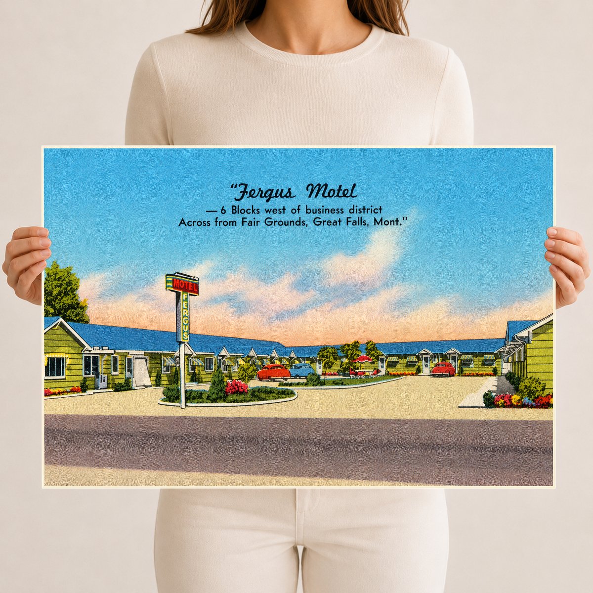 Great Falls, MT: "Fergus Motel -- 6 blocks West of Business District, across from Fair Grounds, Great Falls, Mont."
